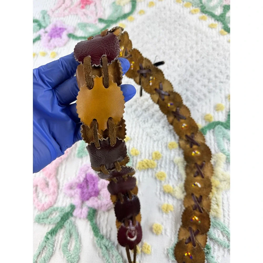 Vintage Leather Scalloped Disc Belt Made in Canada Boho Beaded Tie Closure Brown